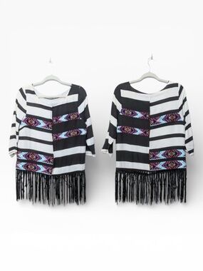 Anthropologie FLOREAT Striped Embroidered Fringe Hem Top M